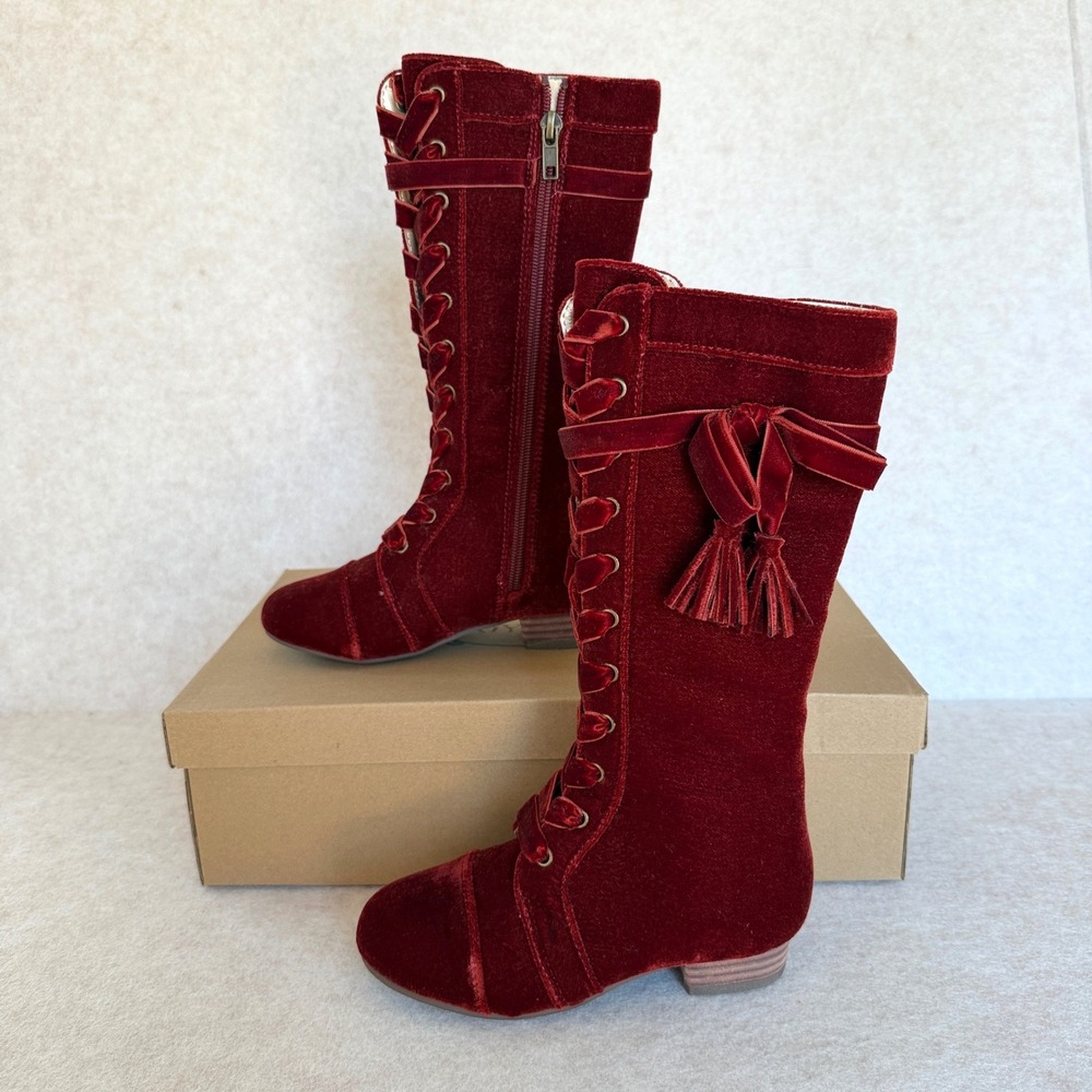 Joyfolie Marija Tall Boots Girls Size 12 Brick Red Velvet Lace Up Tassel Kids